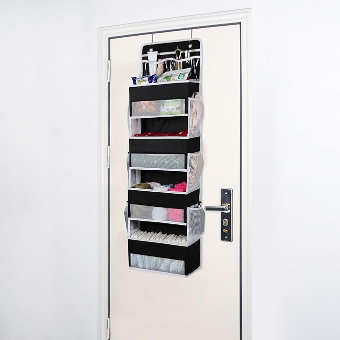 Univivi Over the Door Organizer, Door Hanging Organizer Nursery Door Storage with 4 Large Compartments and 2 Small PVC Pockets 6 Side Pockets for Bathroom,Cosmetics and Nursery Baby Essential - Black