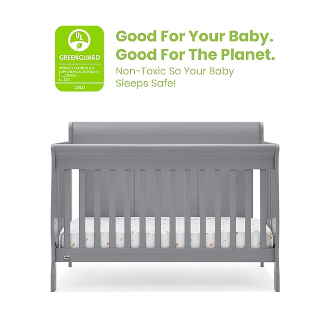 Simmons Kids Carter 6-in-1 Convertible Crib - Greenguard Gold Certified, Grey + Quiet Nights Breathable Baby Bed Crib Mattress and Toddler Mattress (Bundle)