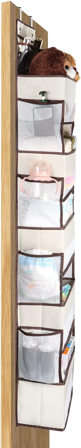 Univivi Over The Door Organizer, Wall Mount Hanging Organizer Hanging Door Organizer with 5 Large Compartments 2 Small PVC Pockets and 8 Mesh Side Pockets for Cosmetics, Toys and Sundries (Beige)