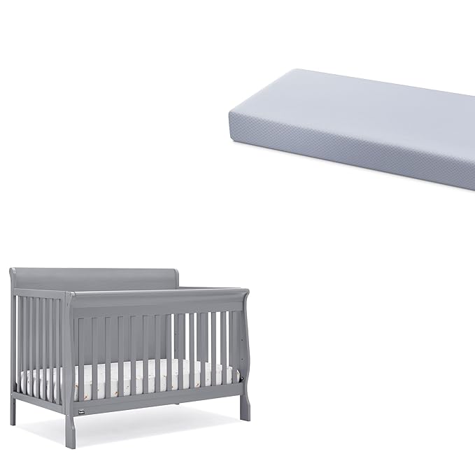 Simmons Kids Carter 6-in-1 Convertible Crib - Greenguard Gold Certified, Grey + Quiet Nights Breathable Baby Bed Crib Mattress and Toddler Mattress (Bundle)