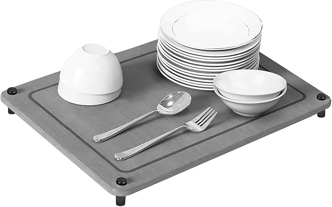 Stone Dish Drying Mat for Kitchen Counter 15.6 x 11.7 Inch Quick Dry Dish Drying Stone Super Absorbent Diatomaceous Earth Dishes Drying Mat with Non-Slip Feet for Kitchen Sink Water Absorbing - Grey