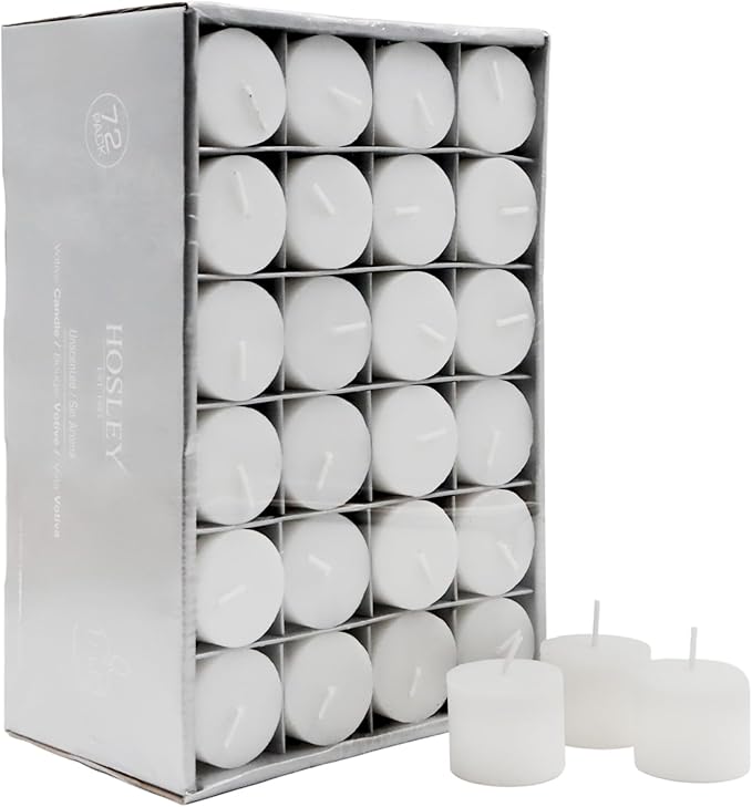 Hosley Unscented White Votive Candles, 72-Pack – Clean-Burning, Long-Lasting 10-12 Hour Burn – Ideal for Weddings, Home Décor, Spa, Events – Bulk Value for Versatile Use