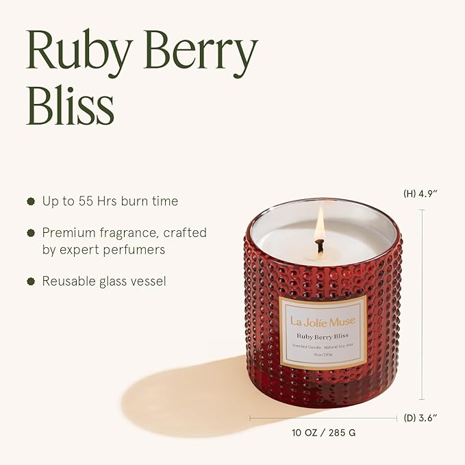 LA JOLIE MUSE Christmas Candle | Ruby Berry Bliss | Mandarin Cranberry & Plum | 10 oz Festive Candle | 55 Hours Clean Burn | Gift for Women & Family