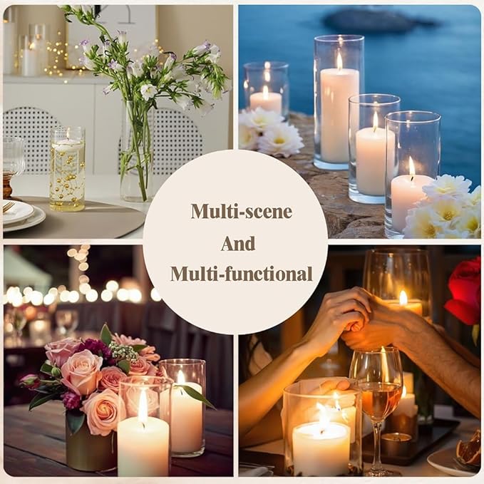 Set of 6 White Pillar Candles and Hurricane Candle Set, Clear Cylinder Vases Pillar Candle Holders for Pillar Candles, Glass Candle Holders for Party, Table, Home Decor, Wedding Centerpieces