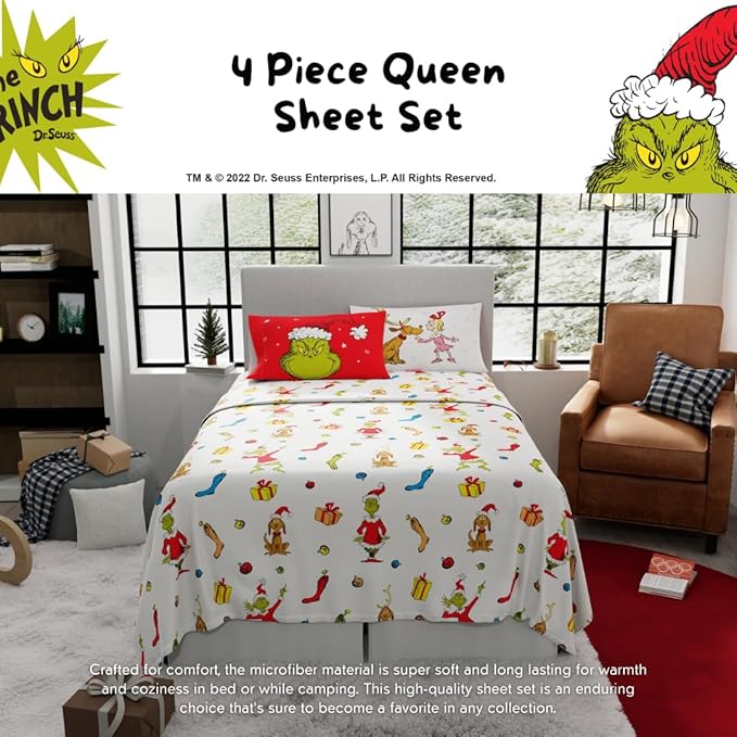 Franco Collectibles Dr. Seuss The Grinch Holiday & Christmas Bedding Super Soft Microfiber 4 Piece Queen Sheet Set, (Officially Licensed Product)