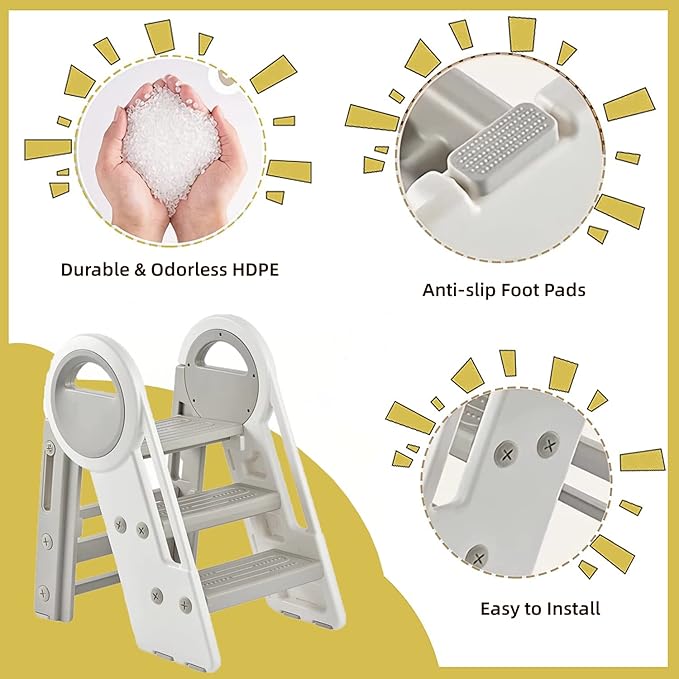 Nisorpa Foldable 3 Step Stool, Adjustable Step Stool, Toddler Helper Stool with Handles, Non-Slip Toilet Potty Training Stool, Plastic Ladder for Bathroom Sink Kitchen (3 & 2 Step Adjustment)