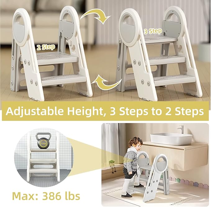 Nisorpa Foldable 3 Step Stool, Adjustable Step Stool, Toddler Helper Stool with Handles, Non-Slip Toilet Potty Training Stool, Plastic Ladder for Bathroom Sink Kitchen (3 & 2 Step Adjustment)