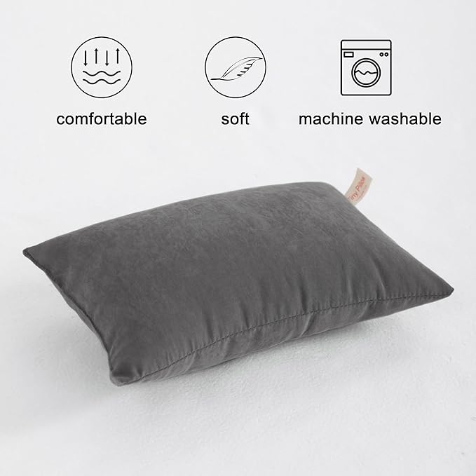 FLXXIE 2 Pack Microfiber Tiny Pillows, 11x7 Inches, Mini Pillows for Sleeping and Traveling, Washable Pillows, Soft Small Pillows Travel Pillows Nap Pillows, Dark Grey