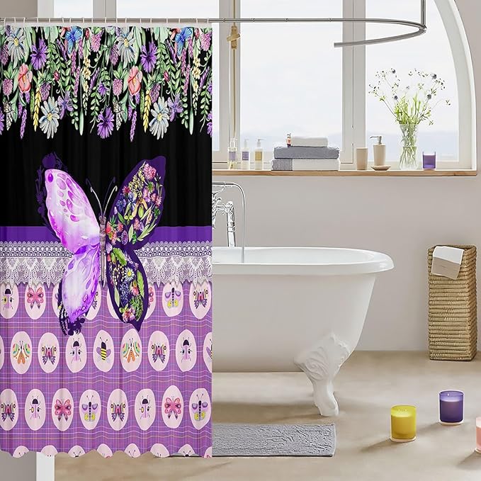 Feelyou Butterfly Shower Curtain 72"x78" Botanical Floral Flower Printed Bathroom Shower Curtain Set for Boys Girls Teens Black Purple Bath Curtain Garden Animal Natural Theme Bathroom Accessories