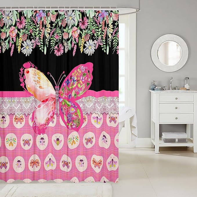 Feelyou Butterfly Shower Curtain 72"x72" Botanical Floral Flower Printed Bathroom Shower Curtain Set for Boys Girls Teens Black Pink Bath Curtain Garden Animal Natural Theme Bathroom Accessories