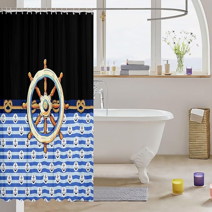 Feelyou Anchor Decor Shower Curtain 72"x78" Kids Nautical Bathroom Shower Curtain Set for Boys Girls Teens Black Blue Bath Curtain Marine Theme Compass Print Bathroom Accessories