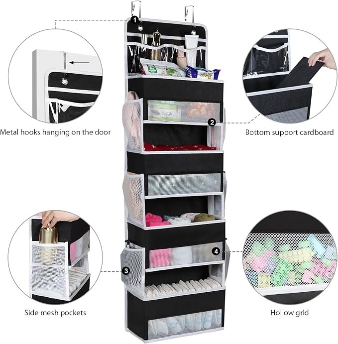 Univivi Over the Door Organizer, Door Hanging Organizer Nursery Door Storage with 4 Large Compartments and 2 Small PVC Pockets 6 Side Pockets for Bathroom,Cosmetics and Nursery Baby Essential - Black
