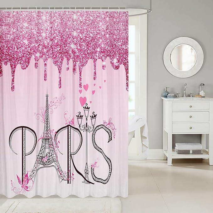 Feelyou Eiffel Tower Shower Curtain 72"x84" Glitter Romantic Paris Bathroom Shower Curtain Set for Boys Girls Teens Ombre Pink Butterfly Bath Curtain Modern French Bathroom Accessories(No Glitter)