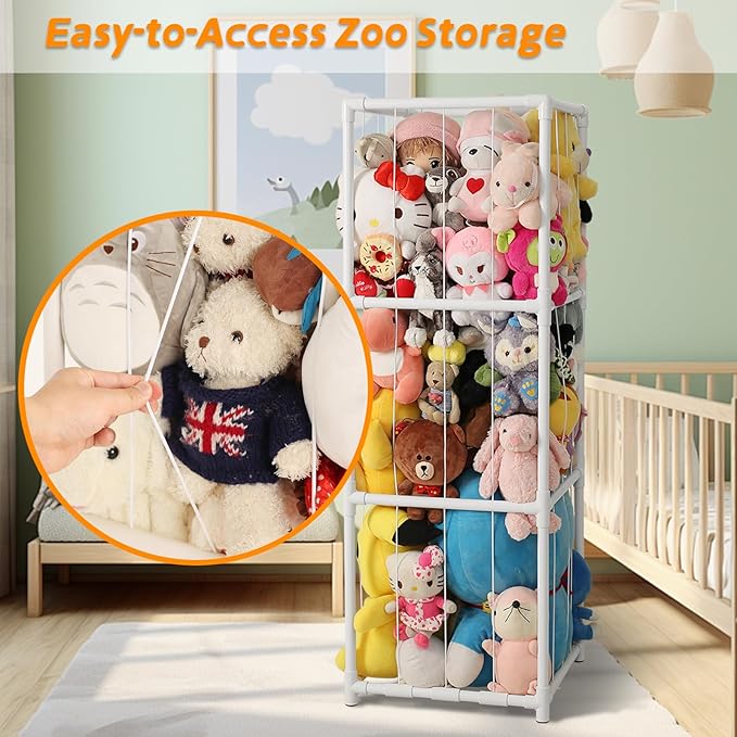 Large Stuffed Animals Storage Zoo Cage, Creative PVC Stuffed Animal Zoo Holder, Space Saver Plush Toys Storage Organizer for Kids Room Playroom White
