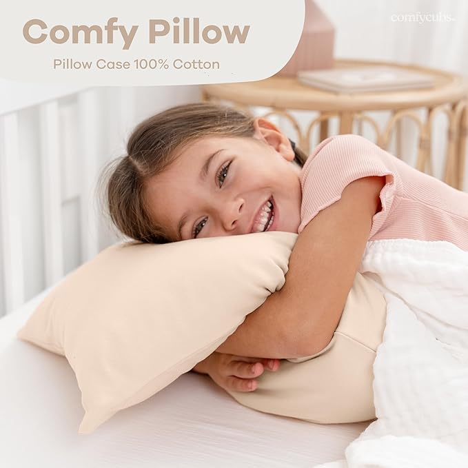 Comfy Cubs Toddler Pillow with Soft Cotton Pillowcase, 13"x18", Cream (2 Pack) - Kids Pillow for Sleeping & Travel - Comfortable Small Pillow - Kids Travel Pillow with Breathable Microfiber Fill