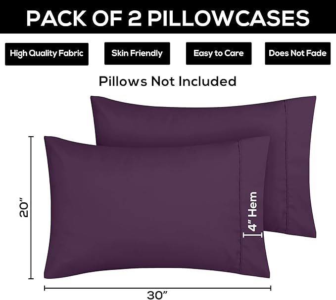 Utopia Bedding Queen Pillow Cases - 2 Pack - Envelope Closure - Soft Brushed Microfiber Fabric - Shrinkage and Fade Resistant Pillow Covers 20 X 30 Inches (Queen, Purple)