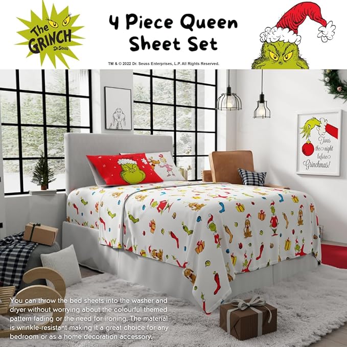 Franco Collectibles Dr. Seuss The Grinch Holiday & Christmas Bedding Super Soft Microfiber 4 Piece Queen Sheet Set, (Officially Licensed Product)