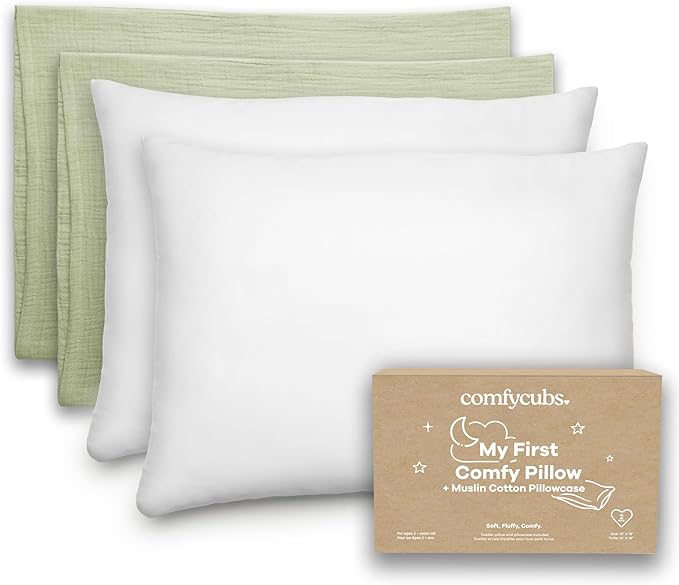 Comfy Cubs Toddler Pillow with Soft Muslin Pillowcase, 13"x18", Sage (2 Pack) - Kids Pillow for Sleeping & Travel - Comfortable Small Pillow - Kids Travel Pillow with Breathable Microfiber Fill