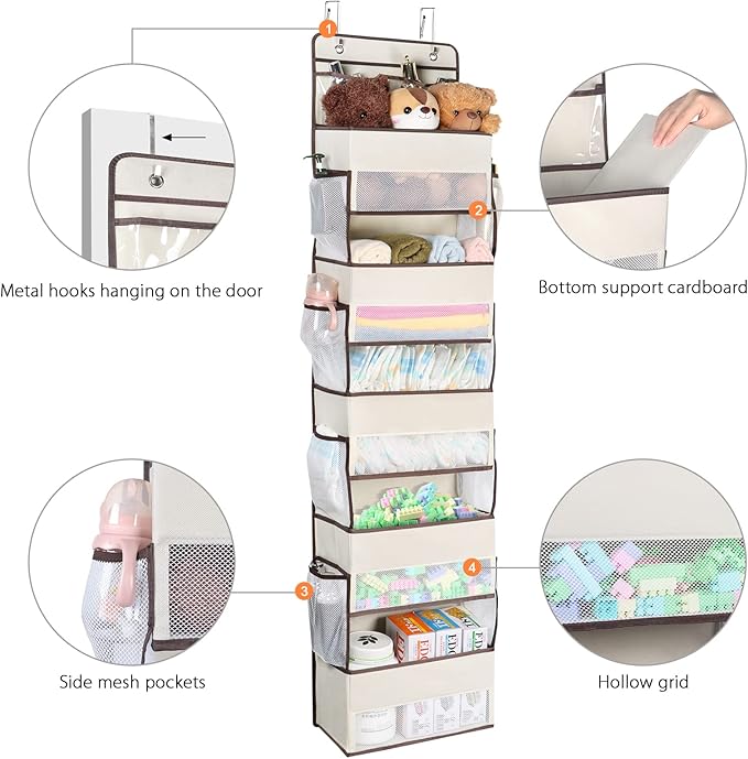 Univivi Over The Door Organizer, Wall Mount Hanging Organizer Hanging Door Organizer with 5 Large Compartments 2 Small PVC Pockets and 8 Mesh Side Pockets for Cosmetics, Toys and Sundries (Beige)