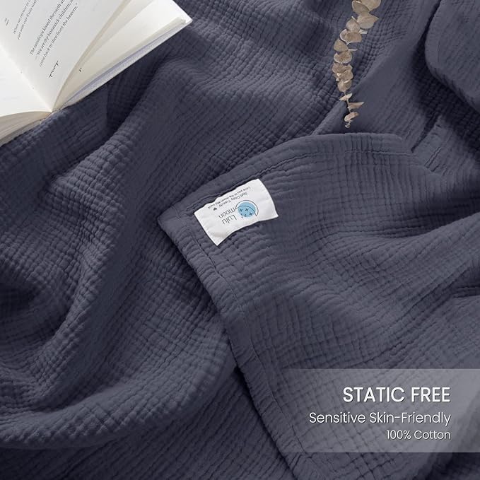 Lulu moon Muslin Blankets for Adults 55”x75” - Kids Couch Throw Blanket for Boys - Light Weighted Organic Muslin Quilt for Sofa and Bed (Blue)