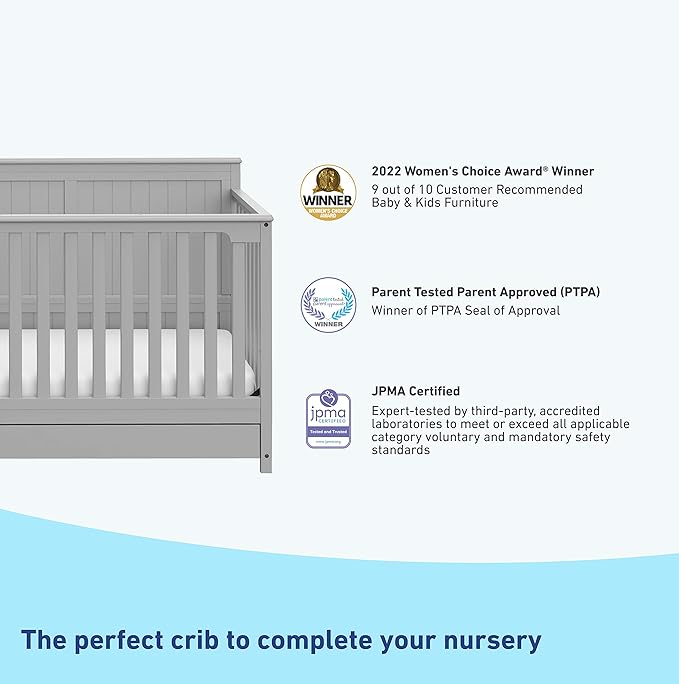 Graco Hadley 5-in-1 Convertible Crib with Drawer (Pebble Gray) – GREENGUARD Gold Certified, Crib with Drawer Combo, Full-Size Nursery Storage Drawer, Converts to Toddler Bed, Daybed