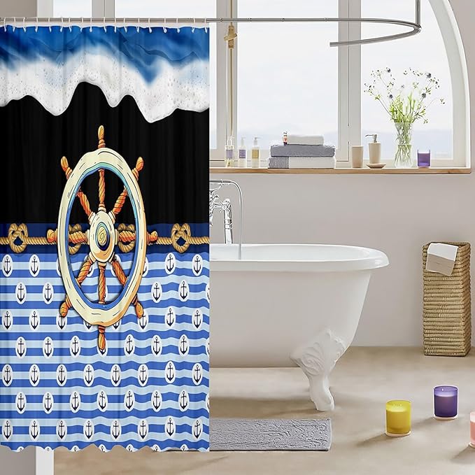 Feelyou Anchor Decor Shower Curtain 72"x78" Kids Nautical Bathroom Shower Curtain Set for Boys Girls Teens Black Blue Ocean Wave Bath Curtain Marine Theme Compass Print Bathroom Accessories