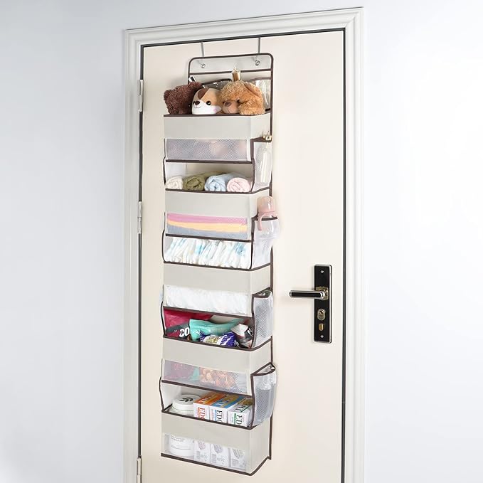 Univivi Over The Door Organizer, Wall Mount Hanging Organizer Hanging Door Organizer with 5 Large Compartments 2 Small PVC Pockets and 8 Mesh Side Pockets for Cosmetics, Toys and Sundries (Beige)