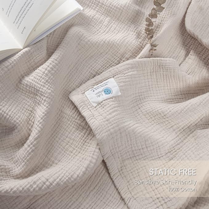 Lulu moon Muslin Blankets for Adults 55”x75” - Couch Throw Blanket for Boys - Light Weighted Muslin Quilt for Sofa and Bed (Ivory)