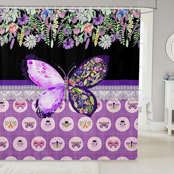 Feelyou Butterfly Shower Curtain 72"x72" Botanical Floral Flower Printed Bathroom Shower Curtain Set for Boys Girls Teens Black Purple Bath Curtain Garden Animal Natural Theme Bathroom Accessories