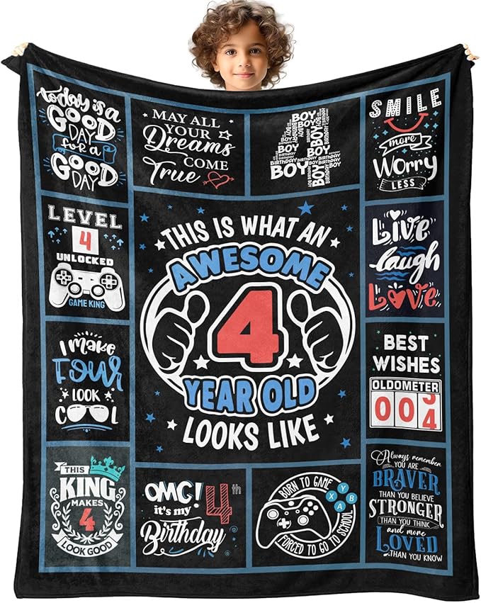 4 Year Old Boy Birthday Gift Throw Blanket 50" x 40", Birthday Gifts for 4 Year Old Boys, Four Year Old Boy Gifts, 4Yr Old Boy Birthday Gift Ideas, Birthday Present for Boy Age 4, 4th Birthday Gift