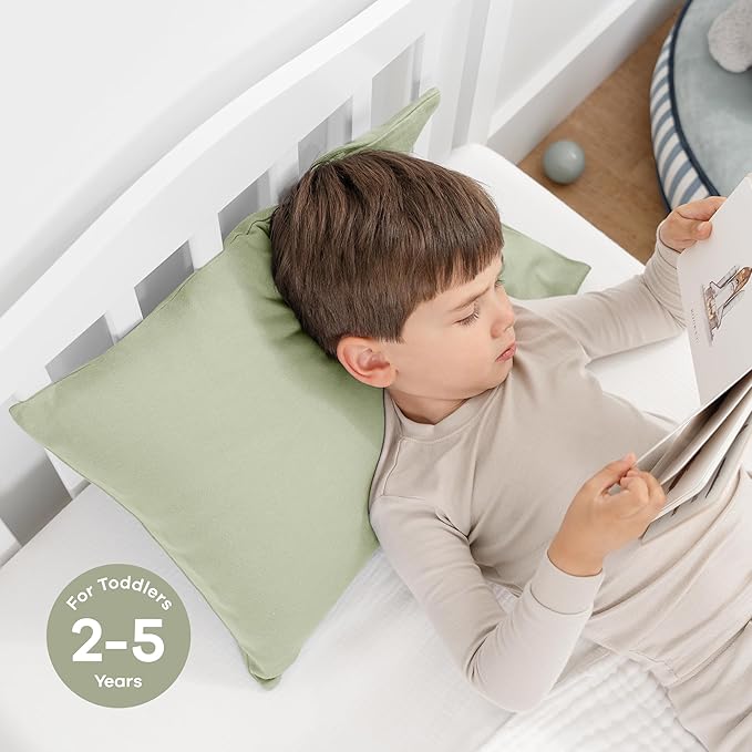 Comfy Cubs Toddler Pillow with Soft Cotton Pillowcase, 13"x18", Sage (2 Pack) - Kids Pillow for Sleeping & Travel - Comfortable Small Pillow - Kids Travel Pillow with Breathable Microfiber Fill
