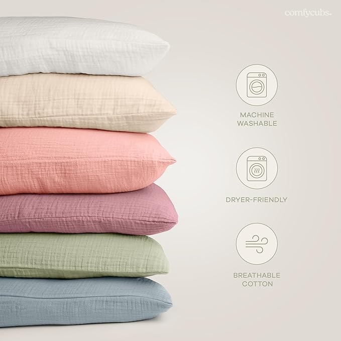 Comfy Cubs Toddler Pillow with Soft Muslin Pillowcase, 13"x18", Sage (2 Pack) - Kids Pillow for Sleeping & Travel - Comfortable Small Pillow - Kids Travel Pillow with Breathable Microfiber Fill