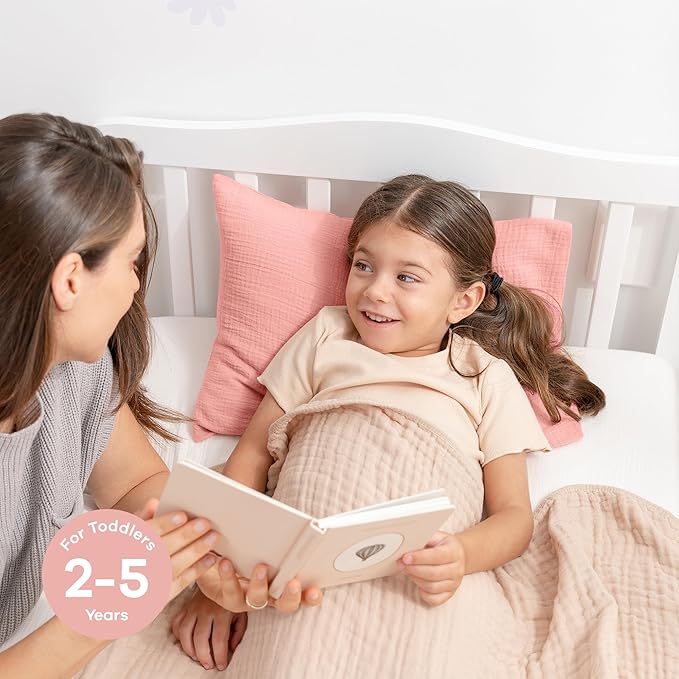 Comfy Cubs Toddler Pillow with Soft Muslin Pillowcase, 13"x18", Blush (2 Pack) - Kids Pillow for Sleeping & Travel - Comfortable Small Pillow - Kids Travel Pillow with Breathable Microfiber Fill