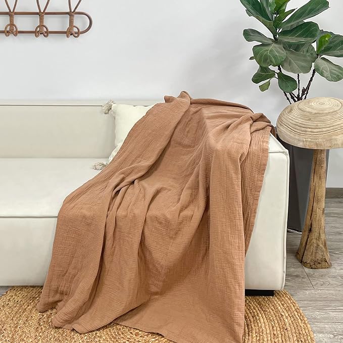 Lulu moon Muslin Blankets for Adults 55”x75” - Couch Throw Blanket for Boys - Light Weighted Muslin Quilt for Sofa and Bed (Caramel)