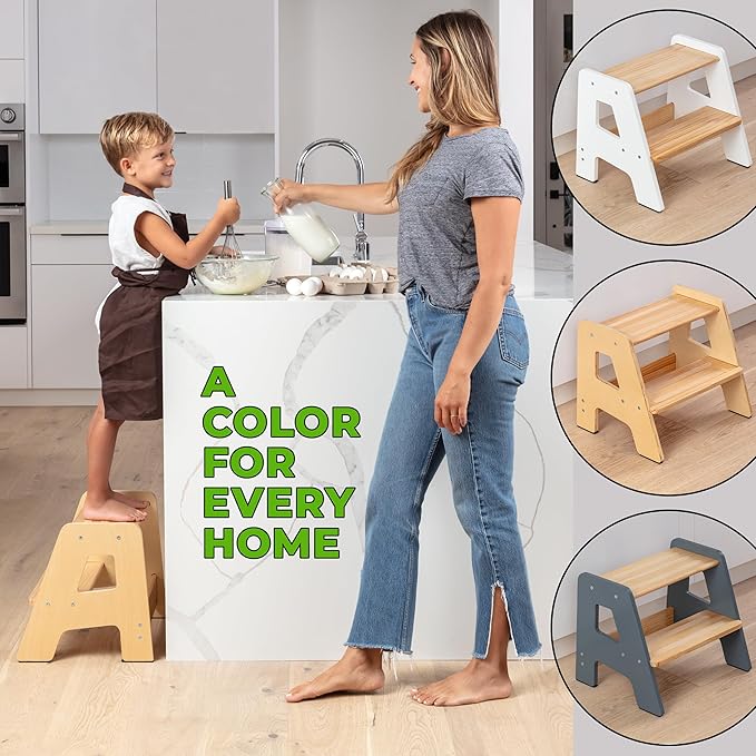 Wooden Step Stools for Kids - Sturdy, Non-Slip, Non-Tip Toddler Step Stool for Bathroom Sink for Your Little Girl or Boy - Varnished
