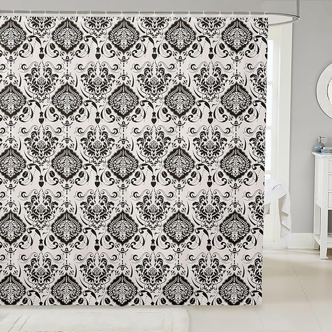 Feelyou Damask Pattern Shower Curtain 72"x84" Kids Vintage Floral Bathroom Shower Curtain Set for Boys Girls Teens Black White Luxury Bath Curtain Baroque Style Bathroom Accessories