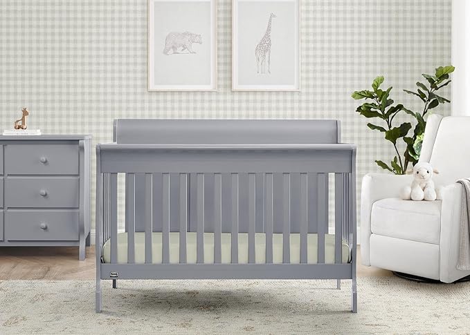 Simmons Kids Carter 6-in-1 Convertible Crib - Greenguard Gold Certified, Grey + Quiet Nights Breathable Baby Bed Crib Mattress and Toddler Mattress (Bundle)