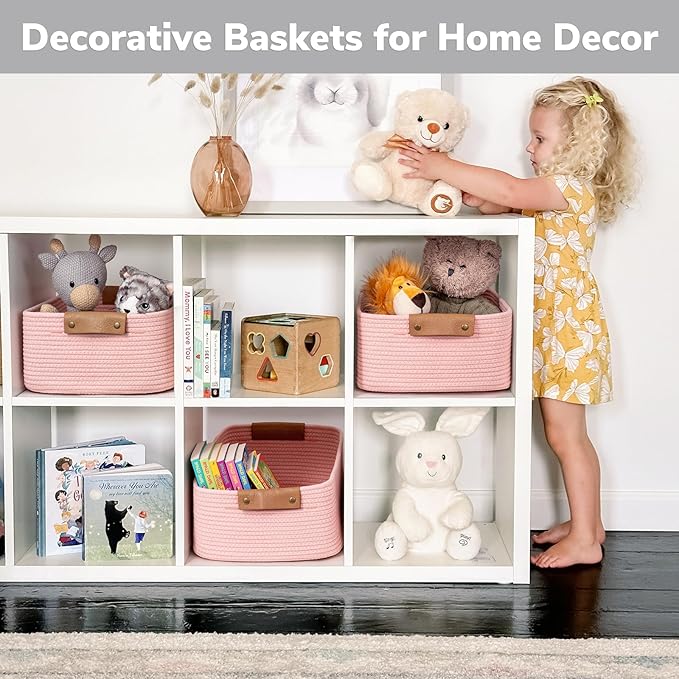 CHICVITA Pink Basket Storage Baskets for Organizing, Gift Basket for Toys, Baby Basket for Diapers, Woven Baskets for Storage, Decorative Basket for Living Room, 14.5" x 13" x 6"