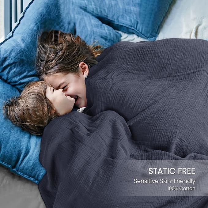 Lulu moon Muslin Blankets for Adults 55”x75” - Kids Couch Throw Blanket for Boys - Light Weighted Organic Muslin Quilt for Sofa and Bed (Blue)