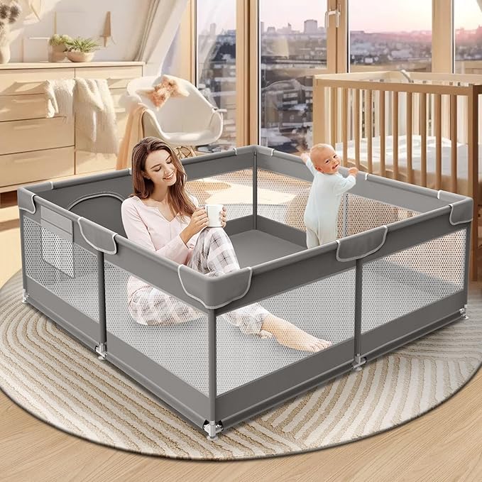 Baby Playpen 50 x 50 Inch Play Pen Playards, Playpen for Babies and Toddlers, Baby Playard for Indoor & Outdoor Active Center Game Fence, with Skin-Friendly Fabric and Soft Breathable Mesh Grey