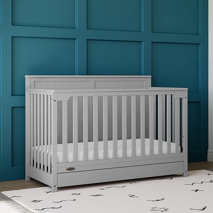 Graco Hadley 5-in-1 Convertible Crib with Drawer (Pebble Gray) – GREENGUARD Gold Certified, Crib with Drawer Combo, Full-Size Nursery Storage Drawer, Converts to Toddler Bed, Daybed