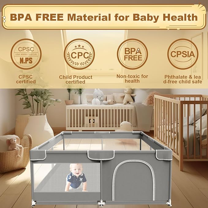 Baby Playpen 50 x 50 Inch Play Pen Playards, Playpen for Babies and Toddlers, Baby Playard for Indoor & Outdoor Active Center Game Fence, with Skin-Friendly Fabric and Soft Breathable Mesh Grey