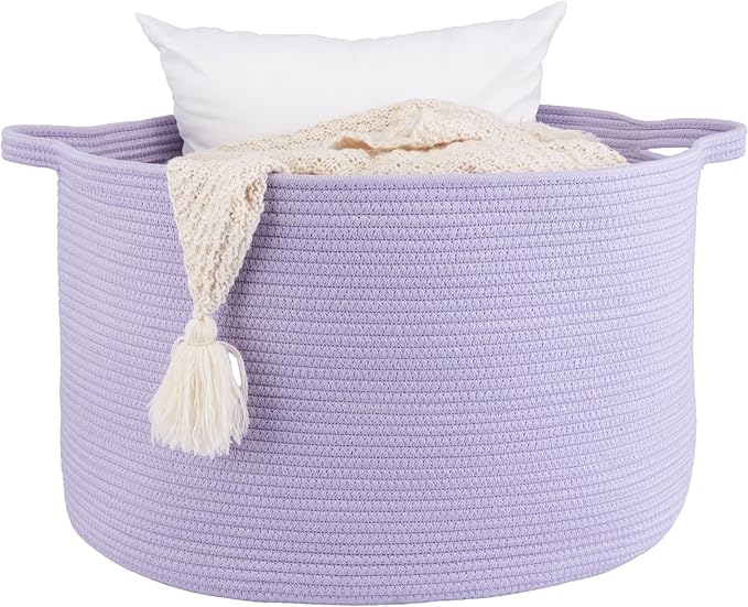 Large Cotton Rope Basket Blankets Basket Living Room 22"x14" Toy Basket for Kids Rope Storage Basket for Nursery Woven Laundry Basket for Clothes Baby Toy Storage round purple or Lavendor