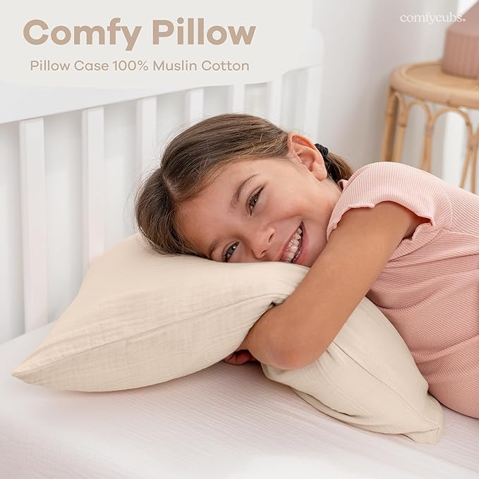 Comfy Cubs Toddler Pillow with Soft Muslin Pillowcase, 13"x18", Cream (2 Pack) - Kids Pillow for Sleeping & Travel - Comfortable Small Pillow - Kids Travel Pillow with Breathable Microfiber Fill