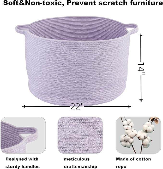 Large Cotton Rope Basket Blankets Basket Living Room 22"x14" Toy Basket for Kids Rope Storage Basket for Nursery Woven Laundry Basket for Clothes Baby Toy Storage round purple or Lavendor
