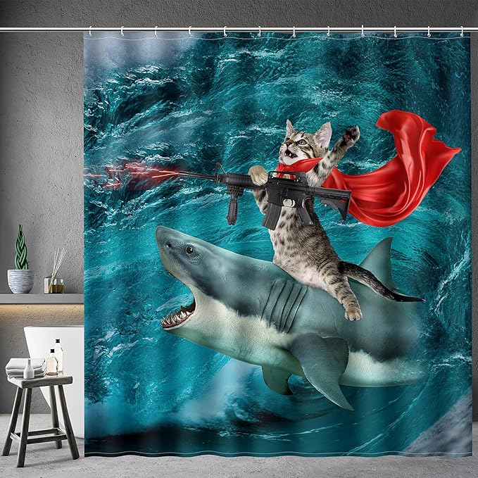 Aimego Extra Long Shower Curtain - Funny Cute Crazy Cat Riding Shark Ocean Fun Fabric Cloth Shower Curtain Set with 12 Hooks for Adults Bathroom Decor Accessories Bath Curtain, 72"x84", Blue Red